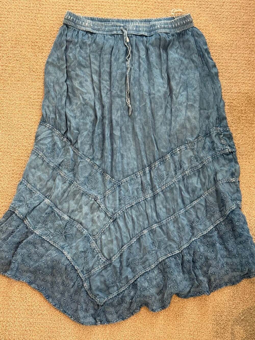 Just Cruising Bohemian Tiered Maxi Skirt Embroidered Detail and Drawstring Waist